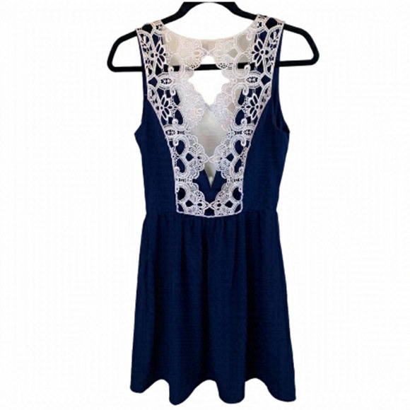Lulu's sz S Navy White Lace Back Low Cut Fit and Flare Skater Dress - Picture 1 of 6